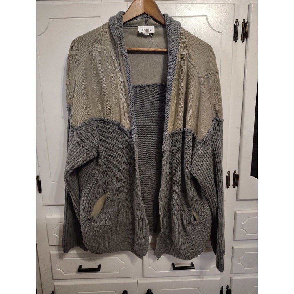 Heyson Cardigan Sweater Womens Size XL Grey Tan Mixed Media Chunky Knit Travel